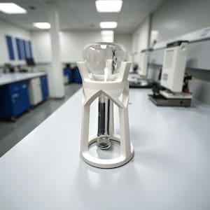 May include: A white, 3D-printed laboratory apparatus with a clear glass bulb and tube. The apparatus is supported by a decorative stand. The background shows a laboratory setting with equipment and tables.