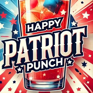 May include: A glass of red punch with ice cubes and a blue ice cube. The glass is decorated with stars and the text "Happy Patriot Punch".