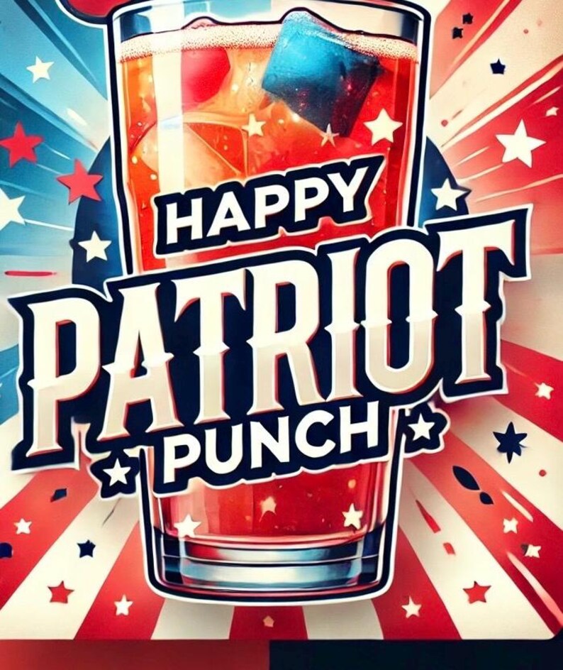 May include: A glass of red punch with ice cubes and a blue ice cube. The glass is decorated with stars and the text "Happy Patriot Punch".