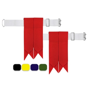 May include: Two pairs of red kilt hose with white straps and buckles. The straps are adjustable. The kilt hose are available in a variety of colors.