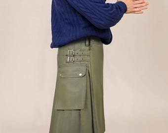 Cotton Utility Kilt for Men, Handmade Cargo Pocket Kilt, Modern Casual Scottish Kilt, Adjustable Everyday Highland Wear