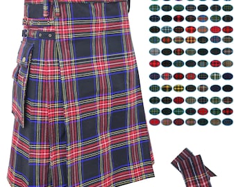 Mens Tartan Utility Kilt, Modern Hybrid Kilt with Cargo Pockets, 16oz Scottish Tartan Kilt for Men, Adjustable Highland Kilt