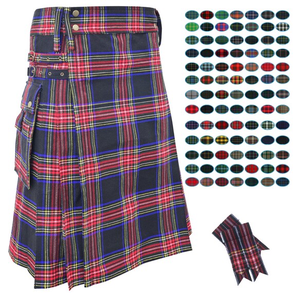 Mens Tartan Utility Kilt, Modern Hybrid Kilt with Cargo Pockets, 16oz Scottish Tartan Kilt for Men, Adjustable Highland Kilt