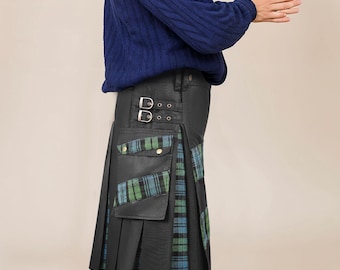 Mens Hybrid Utility Kilt, 16oz Highland Wool Tartan Plaid Kilt, Modern Scottish Kilt with Cargo Pockets, Adjustable Fit