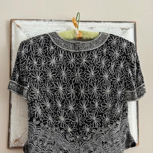 vintage evening top beaded black silk papell boutique size XL womens top