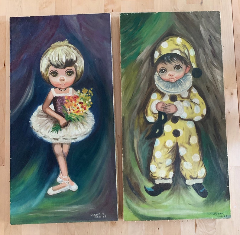 Vintage found art vintage big eye paintings original oil Etsy