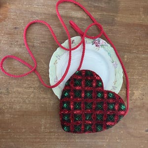 vintage sequin red green heart micro bag crossbody beaded rope long handle y2k
