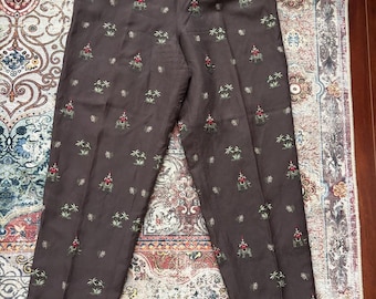vintage talbots silk linen trousers capris pants embroidered y2k 90s lanterns ferns elephants brown cropped