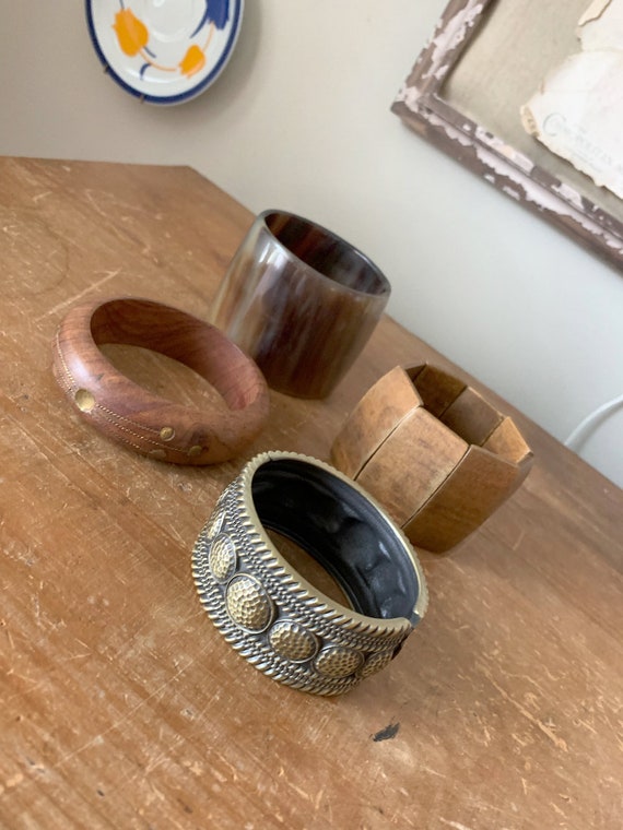 vintage boho bangle destash lot wood metal brass … - image 9