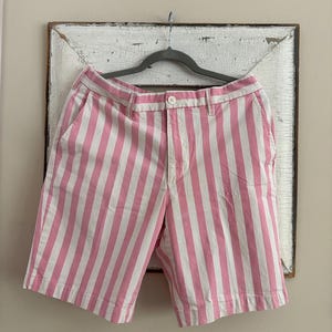 vintage lands end striped shorts unisex pink and white stripes size 34 waist cotton pockets