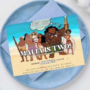 Hei hei Moana Geburtstagseinladung mit Maui, Hawaiianische Geburtstagseinladung für Baby Mädchen, Moana auf See Kinderpartyeinladung Vorlage, Canva