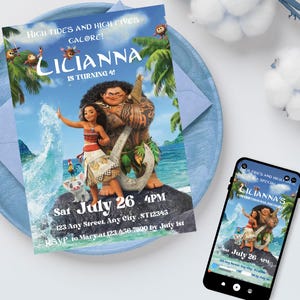 Bearbeitbare Moana-Geburtstagseinladung mit Maui, Pua, Hei Hei und Ozean, Ozean-Themen-Party einladen, tropischer Strand-Hawaii-Geburtstag Evite