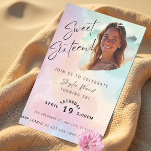 Einzigartige Beach Themed Aquarell Sweet 16 Party Einladung mit Foto | Minimalistische Einladung zum sechzehnten Geburtstag, bearbeitbare digitale Canva-Vorlage