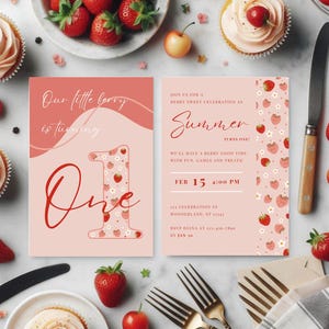 Plantilla de invitación para el primer cumpleaños con diseño de fresa, linda invitación de cumpleaños con diseño de bayas, tarjeta editable moderna para niña, descarga instantánea - Plantilla Canva