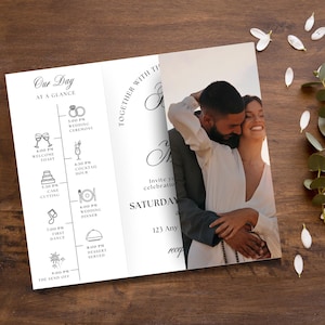 Faire-part de mariage gatefold, suite de mariage élégante noir et blanc, faire-part de mariage pliable avec photo, RSVP et carte d'informations, modèle sur toile