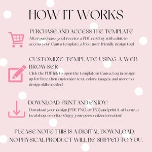 May include: A pink and white polka dot background with instructions on how to purchase, customize, and download a digital template. The text reads "HOW IT WORKS", "PURCHASE AND ACCESS THE TEMPLATE", "CUSTOMIZE TEMPLATE USING A WEB BROWSER", "DOWNLOAD, PRINT AND ENJOY!" and "PLEASE NOTE THIS IS A DIGITAL DOWNLOAD. NO PHYSICAL PRODUCT WILL BE SHIPPED TO YOU."