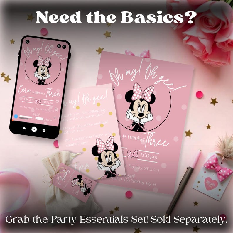 Oh My! Oh Gee! Minnie Mouse Themed Birthday Invitation for Baby Girl Turning Three! Pink Bow Themed Bday Party Invite, Editable Canva Invite image 5