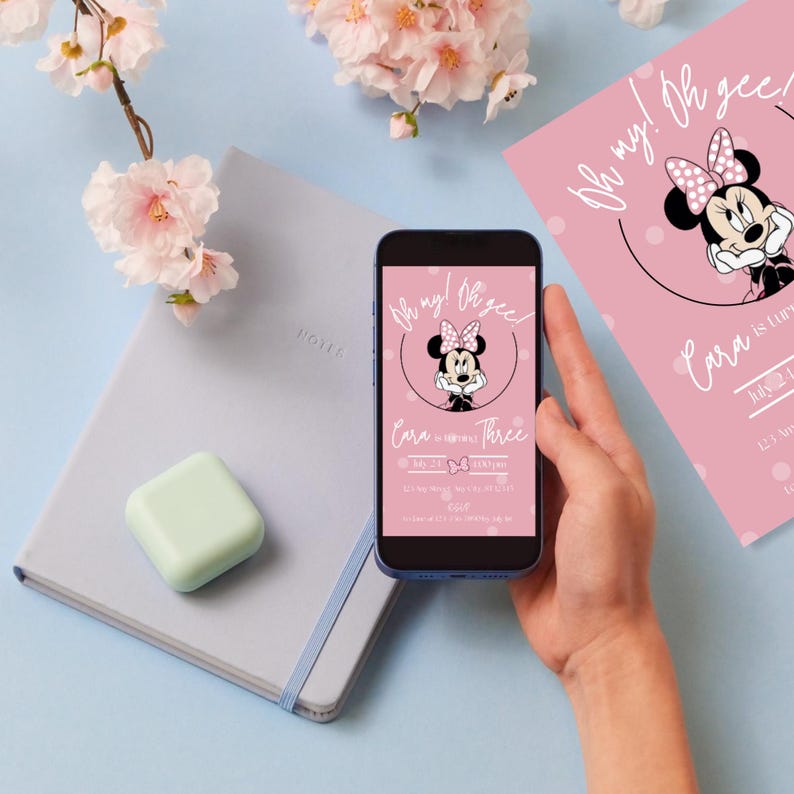 Oh My! Oh Gee! Minnie Mouse Themed Birthday Invitation for Baby Girl Turning Three! Pink Bow Themed Bday Party Invite, Editable Canva Invite image 3