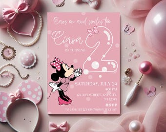 Minnie Mouse Themed Birthday Invitation for Baby Girl Turning Two! Pink Bow Themed Party Invite, Bubbles Birthday, Editable Canva Invite