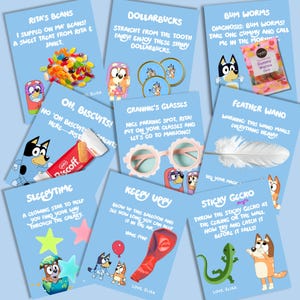 May include: A collection of blue cards with various illustrations and text. The cards feature images of candy, glasses, a feather, a balloon, and other items. Text includes phrases like "Rita's Beans" and "Dollarbucks."