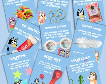 Blue Dog Birthday Goodie Bag Insert Bundle: Keepy Uppy, Sleepytime, Sticky Gecko, Feather Wand Cards, Rita's Beans etc & Thank You Tag