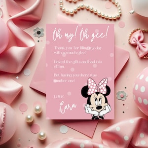 Minnie Maus Themen-Danke-Karte, oh mein! Oh Gee! Rosa Minnie Party Briefpapier, Dankeschön Nachricht für Gäste bei Baby's 3.Geburtstag, Canva