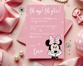 Minnie Mouse Themed Thank You Card, Oh my! Oh Gee! Pink Minnie Party Stationery, Thank You Note for Guests at Baby's 3rd Birthday, Canva