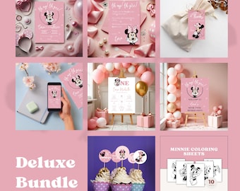 Minnie Mouse Birthday Bundle Deluxe, Editable Digital Birthday Invitation Set, Printable Pink Minnie Mouse Party Signs, Milestone Poster