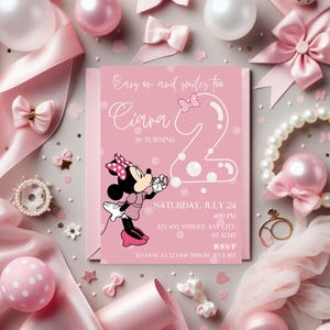 May include: A pink birthday invitation featuring Minnie Mouse, the number 2, and the name Ciara. The invitation includes the date, time, and RSVP information. The design is surrounded by pink bows, pearls, and balloons.