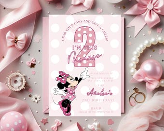 I&#39;m this Minnie Birthday Invitation for Baby Girl! Pink Polka Dot Bow Themed Bday Party Invite, Customizable Editable Digital Canva Invite