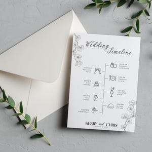 Zwart-wit kaart bruiloft details, kaart bruiloft tijdlijn met bloemen, monochromatische bruiloft infokaart, volgorde van evenementen bruiloft route
