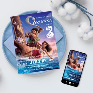 Moana Geburtstagseinladung mit Maui, Moana Geburtstagseinladung für Baby Mädchen, die Drei wird, Moana auf Wavefinder Kinder party Evite Vorlage, Canva