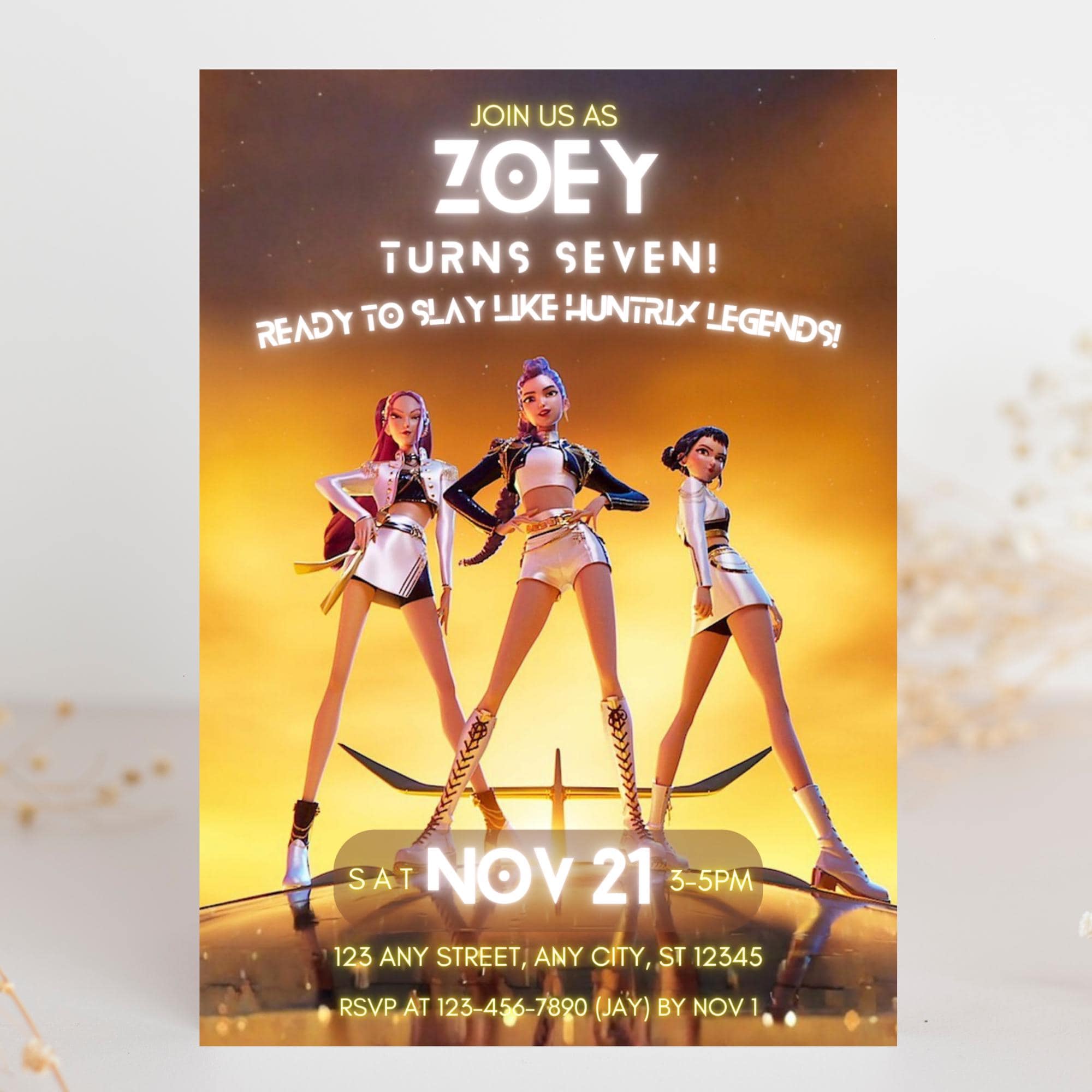 K-pop Demon Hunters Golden Inspired Birthday Invitation, Editable