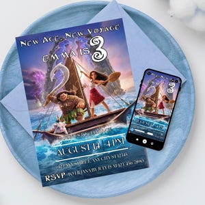 Moana Geburtstagseinladung mit Maui, Moana Geburtstagseinladung für Baby Mädchen, die Drei wird, Moana auf Meer Kinderpartyeinladung Vorlage, Canva