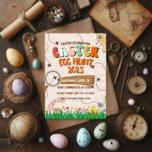 Invitación divertida a la búsqueda de huevos de Pascua para reuniones, búsqueda de huevos de primavera para niños, plantilla digital editable de EVIT para celebraciones dominicales, plantilla de Canva