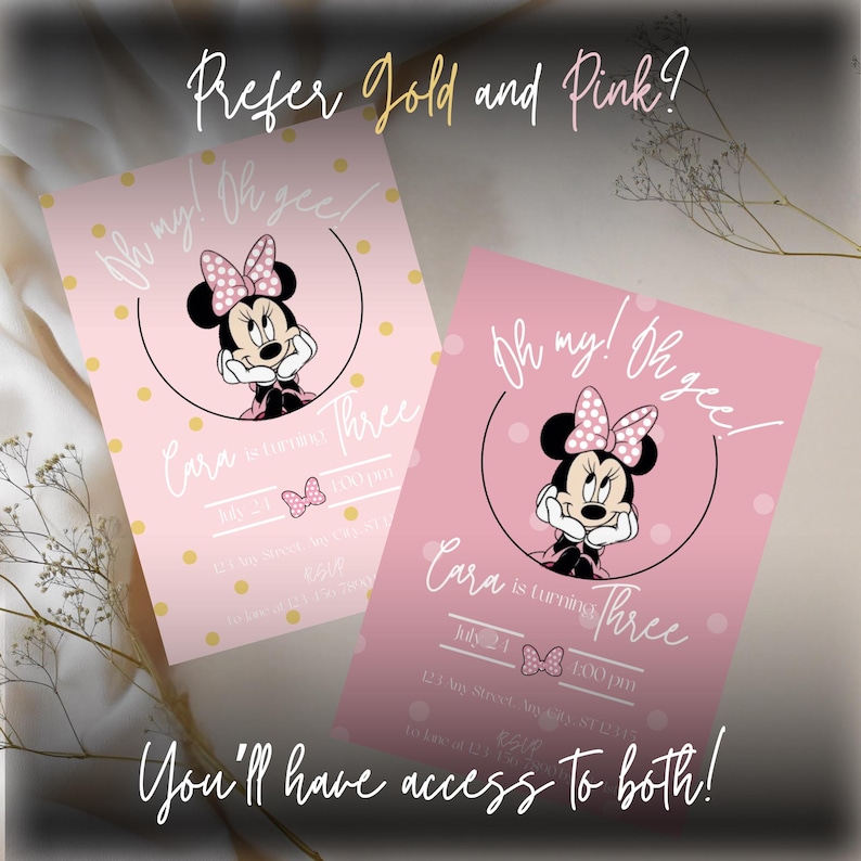 Oh My! Oh Gee! Minnie Mouse Themed Birthday Invitation for Baby Girl Turning Three! Pink Bow Themed Bday Party Invite, Editable Canva Invite image 2