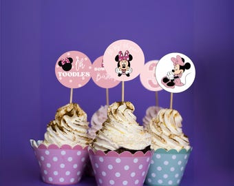 Minnie Mouse Printable Cupcake Toppers, 2" Circle Birthday Party Toppers, Editable 2inch Pink Minnie Party Deco, Minnie Mouse Sticker Labels