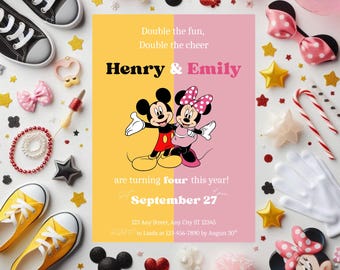 Mickey and Minnie Mouse Themed Birthday Invitation for Twin boy and girl Turning 4, Mickey Minnie Themed Party Invite, Canva Mobile Invite
