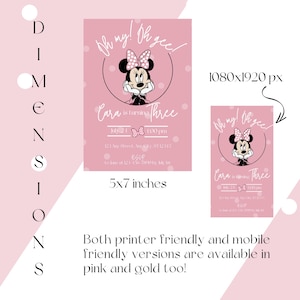 Oh My! Oh Gee! Minnie Mouse Themed Birthday Invitation for Baby Girl Turning Three! Pink Bow Themed Bday Party Invite, Editable Canva Invite image 8
