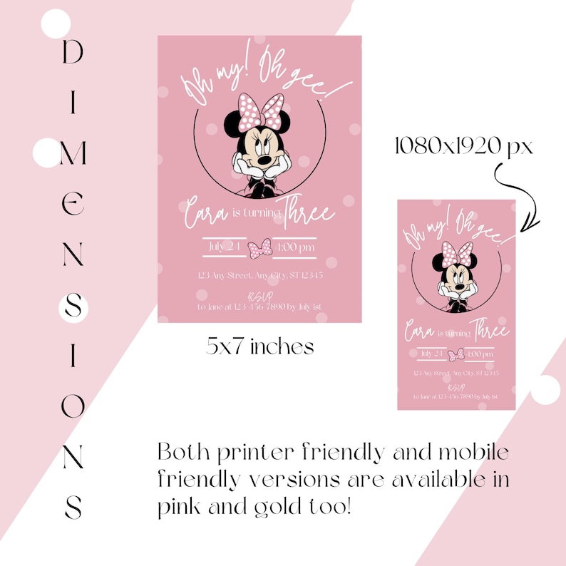 Oh My! Oh Gee! Minnie Mouse Themed Birthday Invitation for Baby Girl Turning Three! Pink Bow Themed Bday Party Invite, Editable Canva Invite image 8