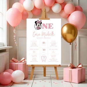 Könnte beinhalten: Eine rosa-weiße Geburtstagsfeier mit Luftballons, Geschenken und einem Schild. Das Schild zeigt Minnie Mouse, den Namen "Cara Michelle" und das Wort "ONE". Die Szene umfasst rosa und goldene Luftballons und rosa Geschenkboxen.