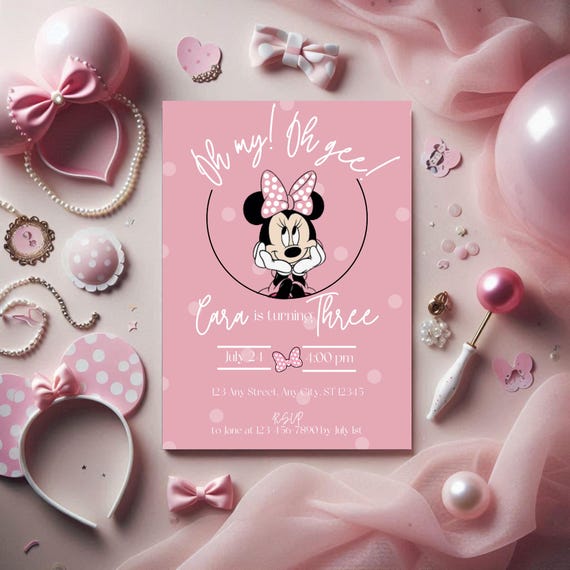 Oh My! Oh Gee! Minnie Mouse Themed Birthday Invitation for Baby Girl Turning Three! Pink Bow Themed Bday Party Invite, Editable Canva Invite