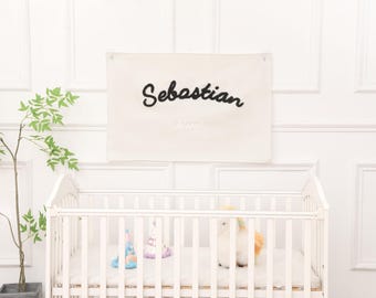 Letrero personalizado con nombre para guardería, banderín de lona con nombre de bebé personalizado, pancarta con nombre de bebé, regalo para baby shower, arte de pared para habitación infantil, arte de pared para habitación de bebé