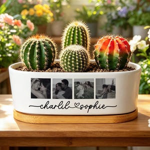 May include: A white oval ceramic planter with a bamboo base containing three green cacti and one red-tipped cactus. The front of the planter features four black and white square photographs and the printed names "charlie & sophie" in script.