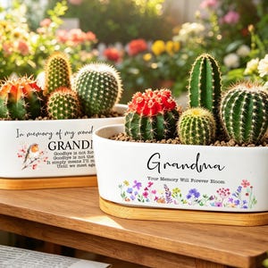 Op de afbeelding: Twee witte ovale keramische plantenbakken op bamboe onderzetters, gevuld met diverse groene en rode cactussen. Eén bak toont een roodborstje en de tekst In memory of my wonderful GRANDMA, de andere Grandma Your Memory Will Forever Bloom met bloemen.