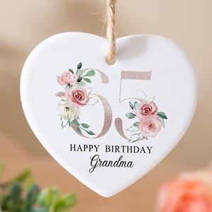 Personalized Milestone Birthday Ornament, Heart Ceramic Ornament, Floral Age Keepsake, Birthday Gift For Grandma,Birthday Decoration For Her
