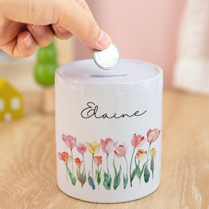 Personalized Money Box With Flower And Name, Ceramic Money Box, Floral Piggy Bank, Kids Coin Bank, Baby Shower Gift, Christmas Gift For Girl