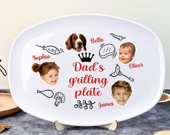 Plato para barbacoa personalizado para papá con caras de niños, bandeja ovalada para barbacoa.