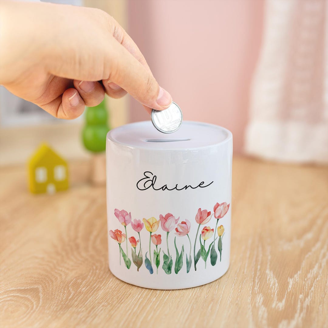 Personalized Money Box With Flower and Name, Ceramic Money Box, Floral — free download