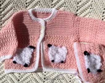 Crocheted Pink Sweater & Bonnet w Crocheted Lambs Newborn Baby Girl